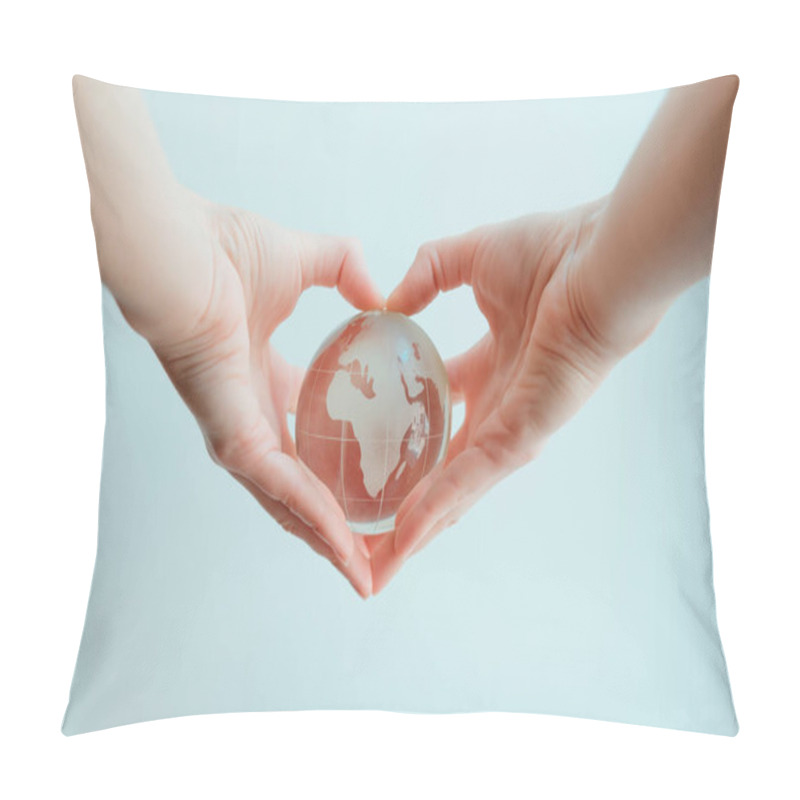 Personality  Hands In Shape Of Heart  Holding Glass Globe Of Africa And Europ Pillow Covers