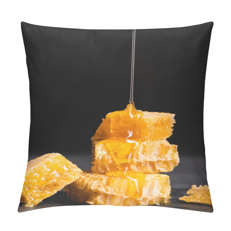 Personality  Trickle Of Liquid Honey Dripping On Cut Honeycomb Isolated On Black Pillow Covers