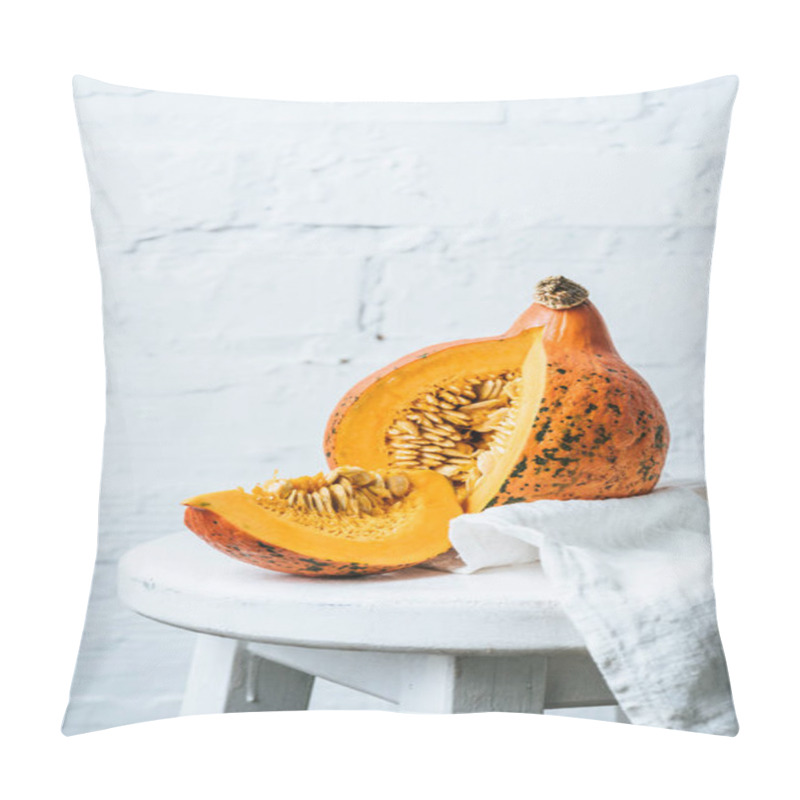 Personality  Close Up View Of Ripe Cut Pumpkin And Linen On Chair On White Brick Wall Backdrop Pillow Covers