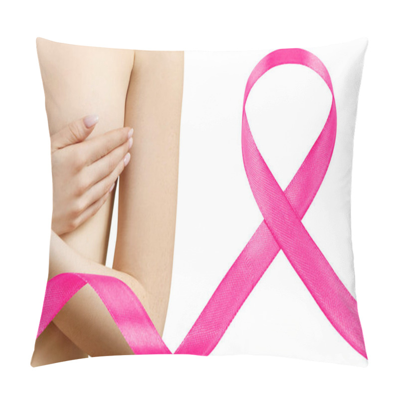 Personality  Young Woman Covers Her Breast Near Big Pink Ribbon. Pillow Covers