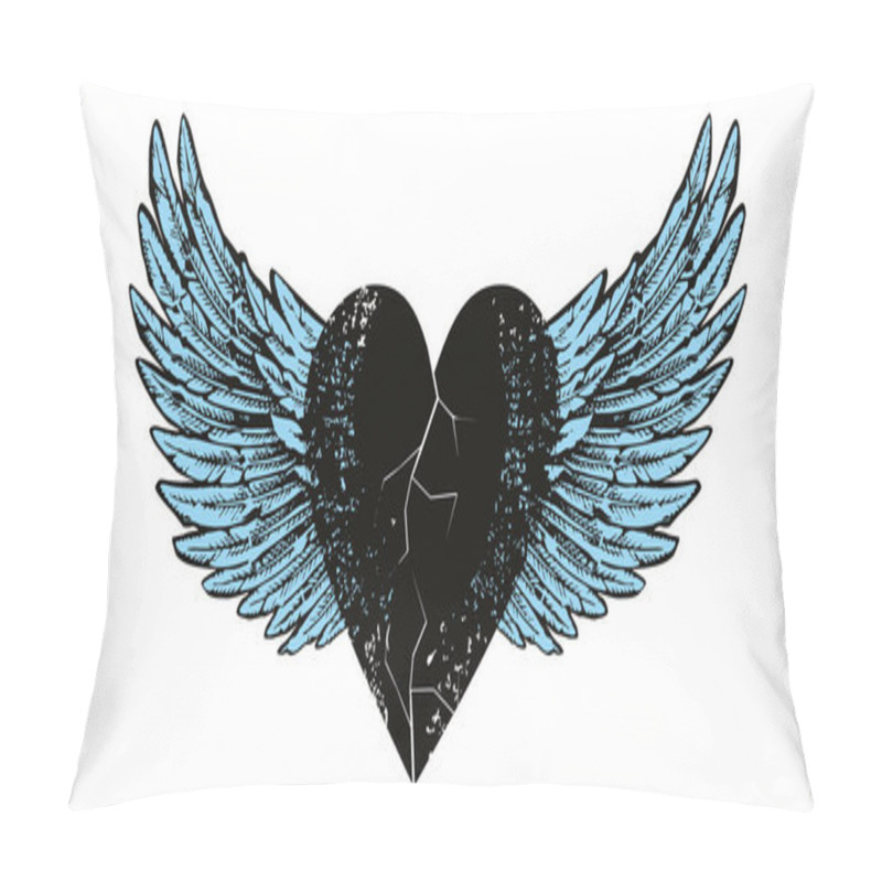 Personality  Vector Design For T-shirt Of A  Black Heart With Wings Isolated On White. Illustration Of A Broken Heart Flying. Pillow Covers