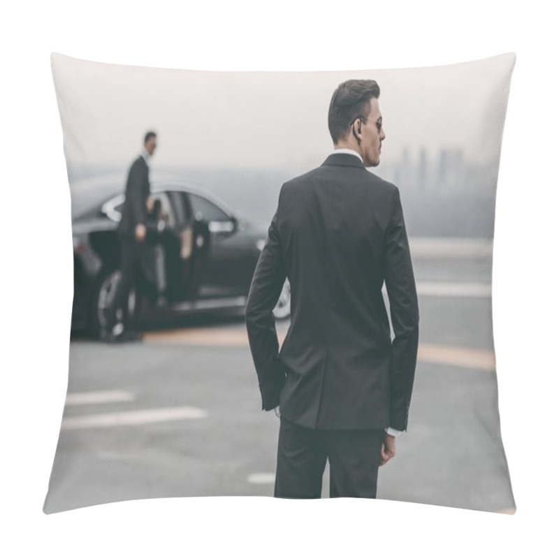 Personality  Rear View Of Bodyguard In Suit And Sunglasses Pillow Covers