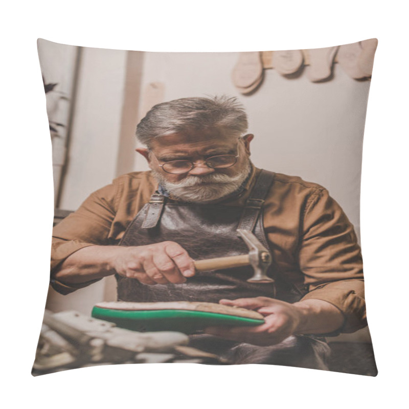 Personality  Senior, Bearded Cobbler Repairing Shoe With Hummer In Workshop Pillow Covers