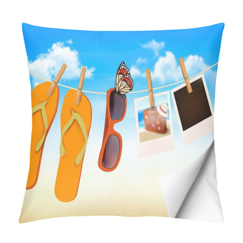 Personality  Flip Flops, Sunglasses And Photo Cards Hanging On A Rope. Summer Pillow Covers