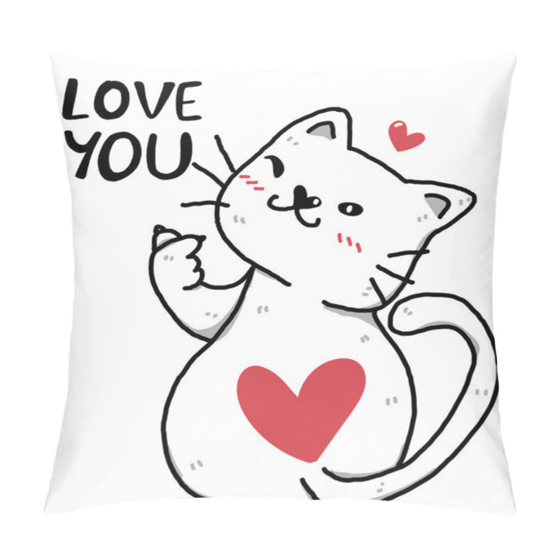 Personality  Cute Happy Doodle White Fat Cat Give Mini Heart Hand And Winking Eye With Love You Word Idea For Sublimation Design  Printable  Greeting Card Pillow Covers