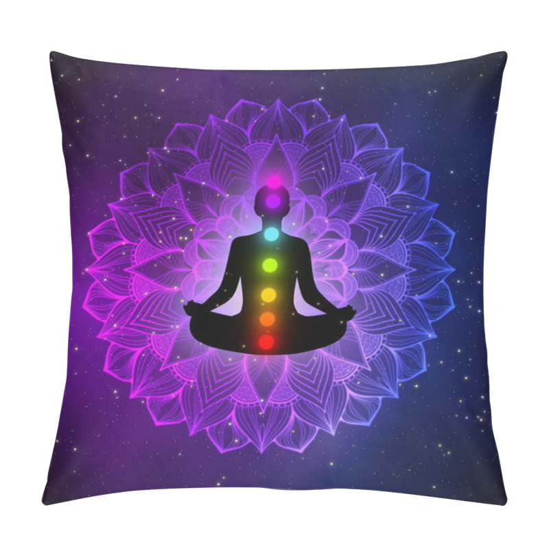 Personality  Silhouette Meditation Man With Seven Chakras On Purple Artistic Mandala In The Universe With Gas Clouds And Stars Field. Pillow Covers