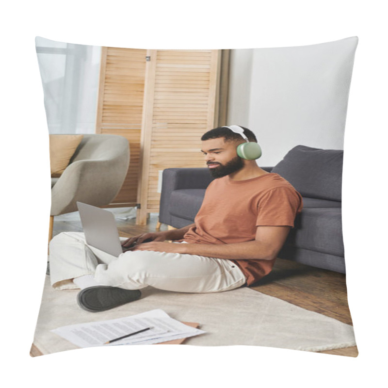 Personality  Man Enjoying Productivity While Seated On The Floor With His Laptop And Headphones. Pillow Covers