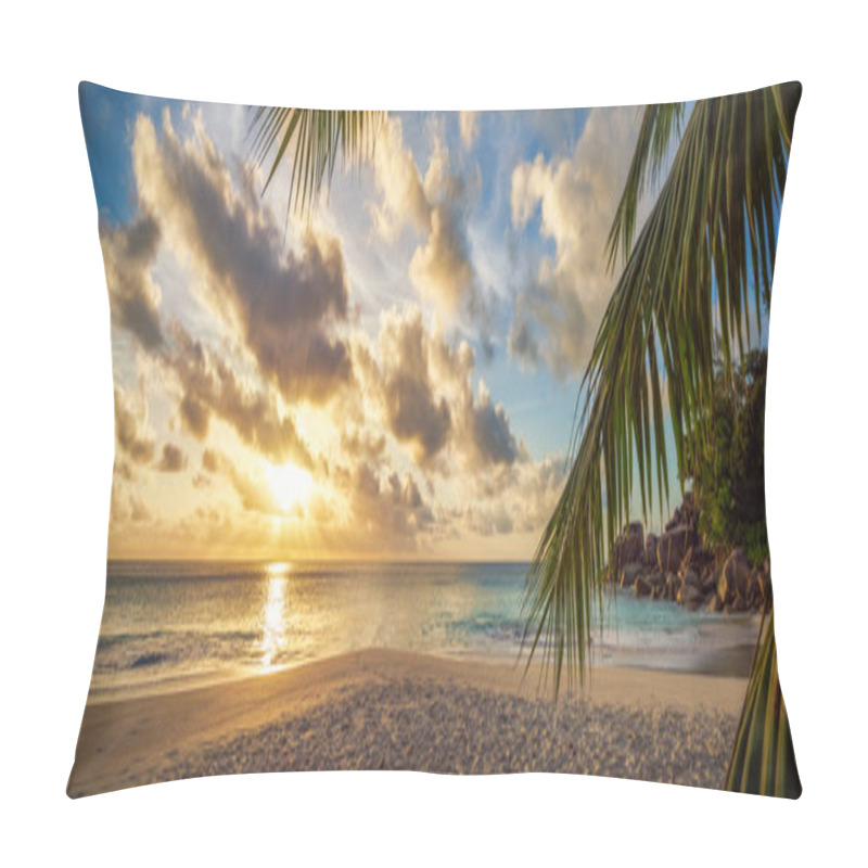 Personality  Golden Sunset Through A Palm Leaf On Paradise Beach On The Seychelles Pillow Covers