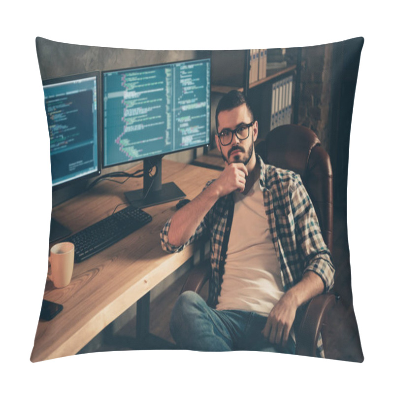 Personality  Portrait Of Nice Attractive Confident Bearded Guy Wearing Checked Shirt Professional Expert Experienced Shark Genius At Wooden Industrial Interior Work Place Station Indoors Pillow Covers