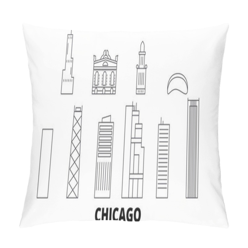 Personality  United States, Chicago Line Travel Skyline Set. United States, Chicago Outline City Vector Illustration, Symbol, Travel Sights, Landmarks. Pillow Covers