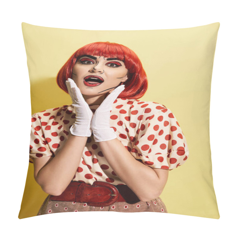 Personality  A Striking Redhead Woman With Pop Art Makeup Wears A Polka Dot Shirt And White Gloves Against A Bold Yellow Backdrop. Pillow Covers