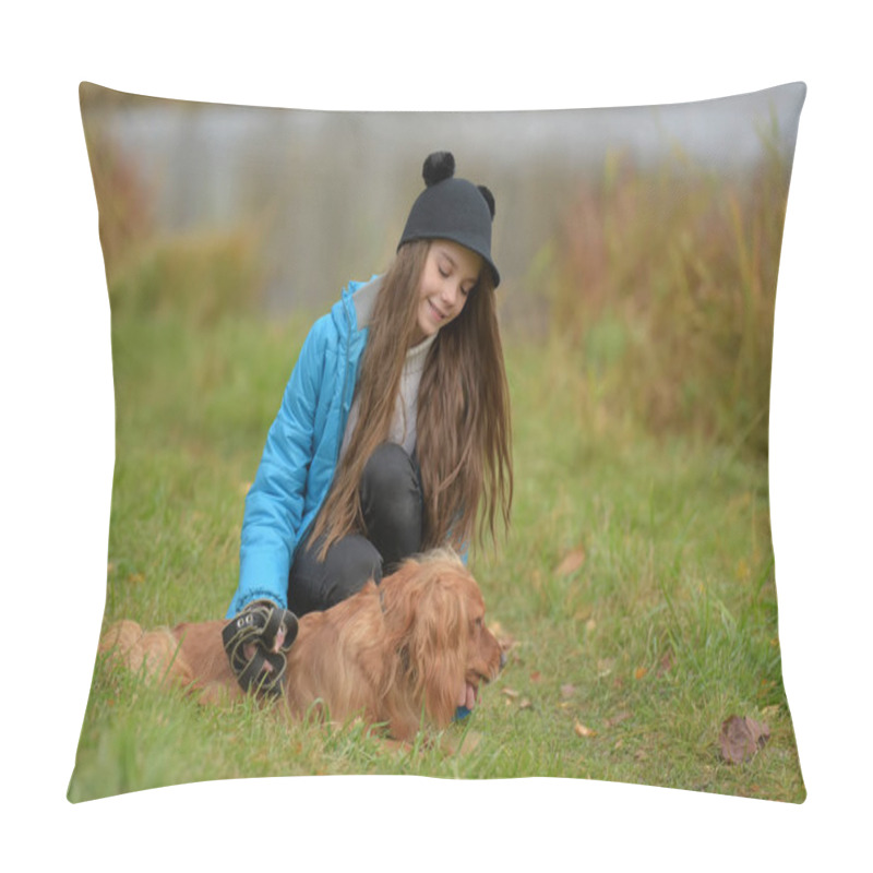 Personality  Happy Girl In The Park With A Spaniel In The Fall By The Lake Pillow Covers