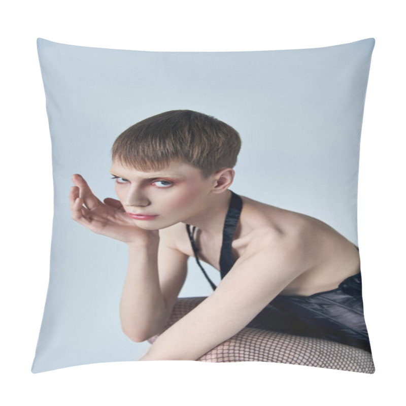 Personality  Model In Black Corset And Fishnet Tights Sitting On Grey Backdrop, Androgynous Person, Queer Fashion Pillow Covers