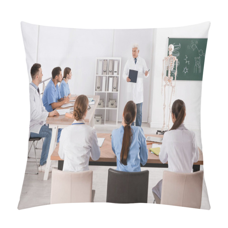 Personality  Medical Students And Professor Studying Human Skeleton Anatomy In Classroom Pillow Covers