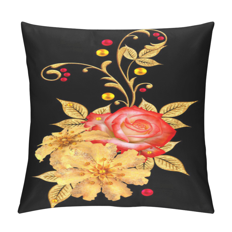 Personality  Decorative Ornament, Paisley Element, Delicate Textured Leaves Made Of Fine Lace And Pearls. Jeweled Shiny Curls, Red Roses, Stylish Yellow Flowers. Openwork Weaving Delicate. Pillow Covers