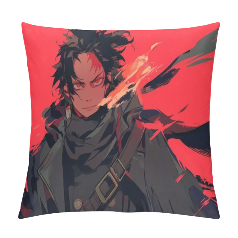 Personality  A Dynamic Illustration Of A Confident Anime Character With A Bold, Intense Red Backdrop. Pillow Covers