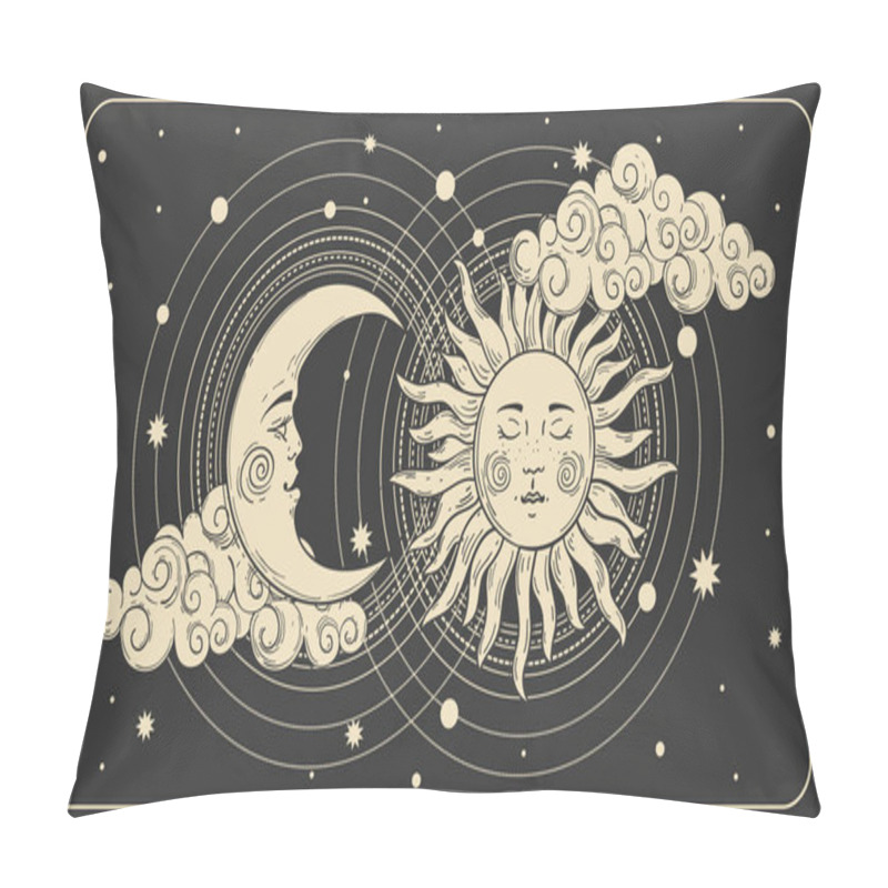 Personality  Sun And A Crescent Moon With A Face On A Black Cosmic Background. Tarot Card, Concept Of Mythology, Witchcraft, Mysticism. Boho Banner With Gold Symbols Of Alchemy. Vector Illustration Pillow Covers