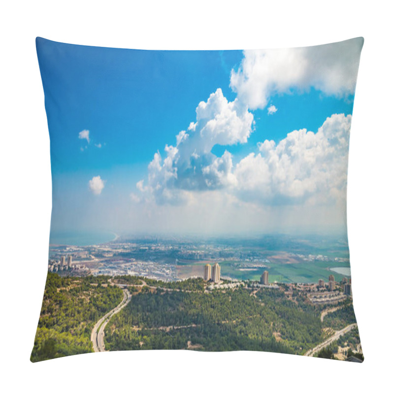 Personality  Panoramic View Of The Bay Of Haifa, With Downtown Haifa, The Harbor, The Industrial Zone In A Sunny Summer Day. Viewed From Haifa University. Haifa, Northern Israel Pillow Covers