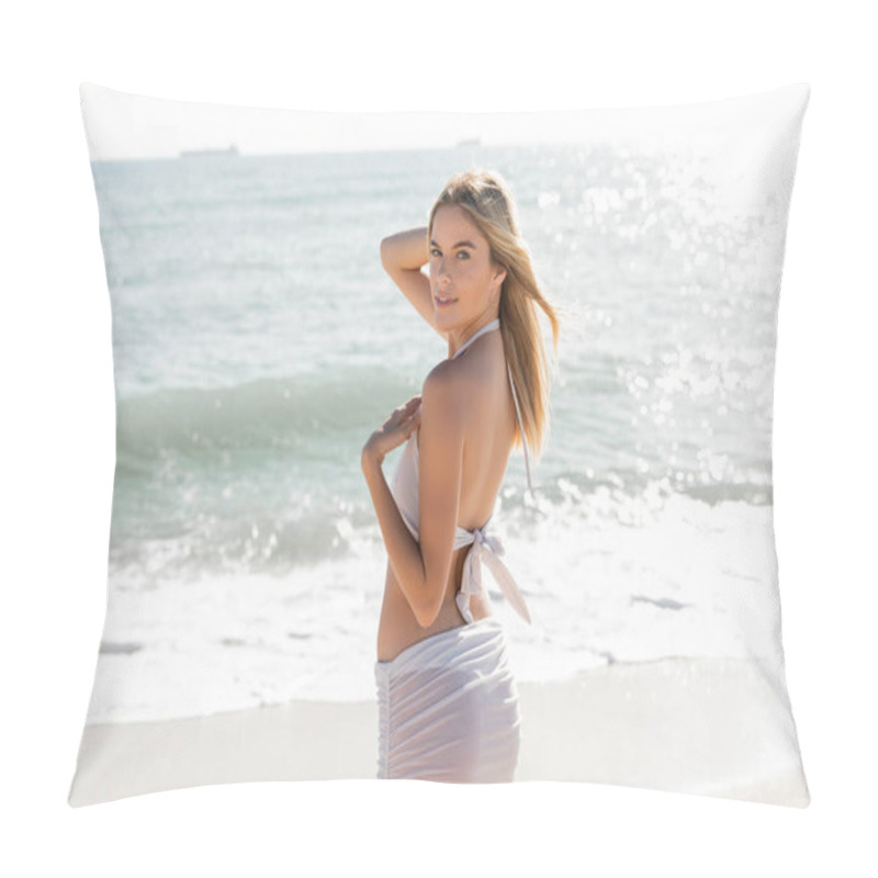 Personality  A Young, Blonde Woman Stands Gracefully On Miami Beach, Gazing At The Endless Ocean Waves. Pillow Covers