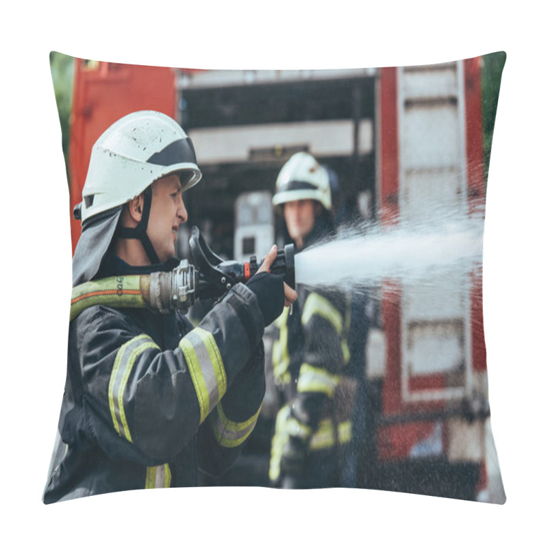 Personality  Selective Focus Of Firefighter With Water Hose Extinguishing Fire On Street Pillow Covers