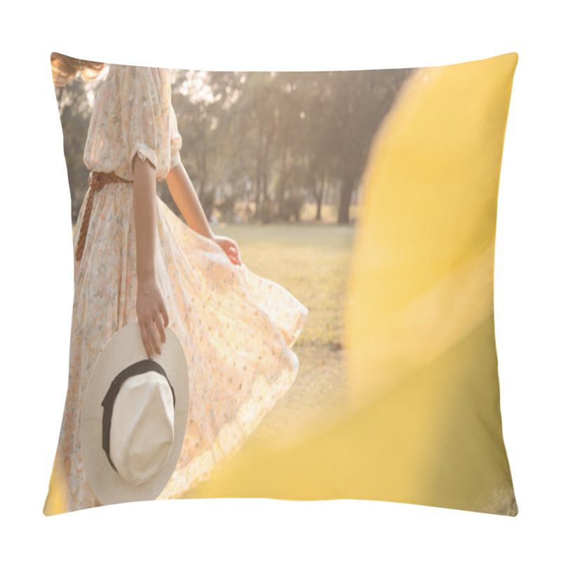 Personality  Beautiful Young Woman Walk In Park With Hat Pillow Covers