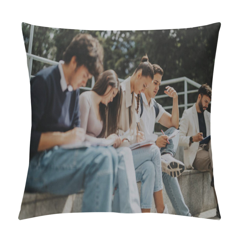 Personality  High School Students Sitting Outside Discussing And Solving Tasks With Their Teachers Guidance. Collaborative Learning Environment With Focus And Teamwork Emphasized In A Relaxed Outdoor Setting. Pillow Covers