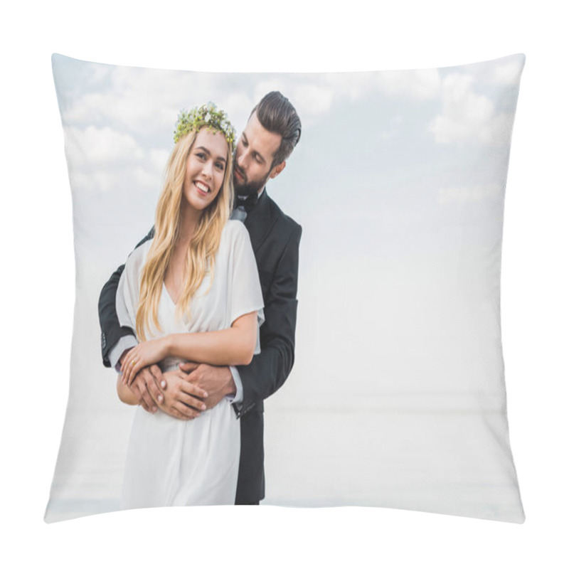 Personality  Handsome Groom In Suit Hugging Attractive Bride On Beach Pillow Covers