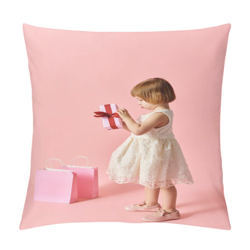 Personality  Little Girl In White Dress Joyfully Holds A Pink Gift Box. Pillow Covers