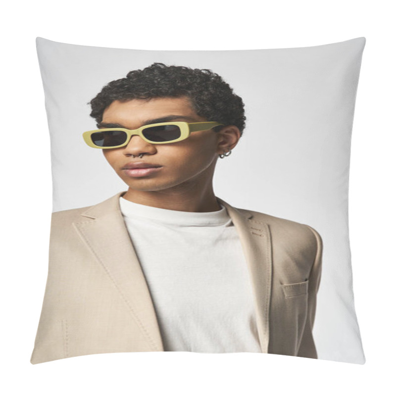 Personality  Dapper African American Man In Tan Suit And Stylish Yellow Sunglasses. Pillow Covers