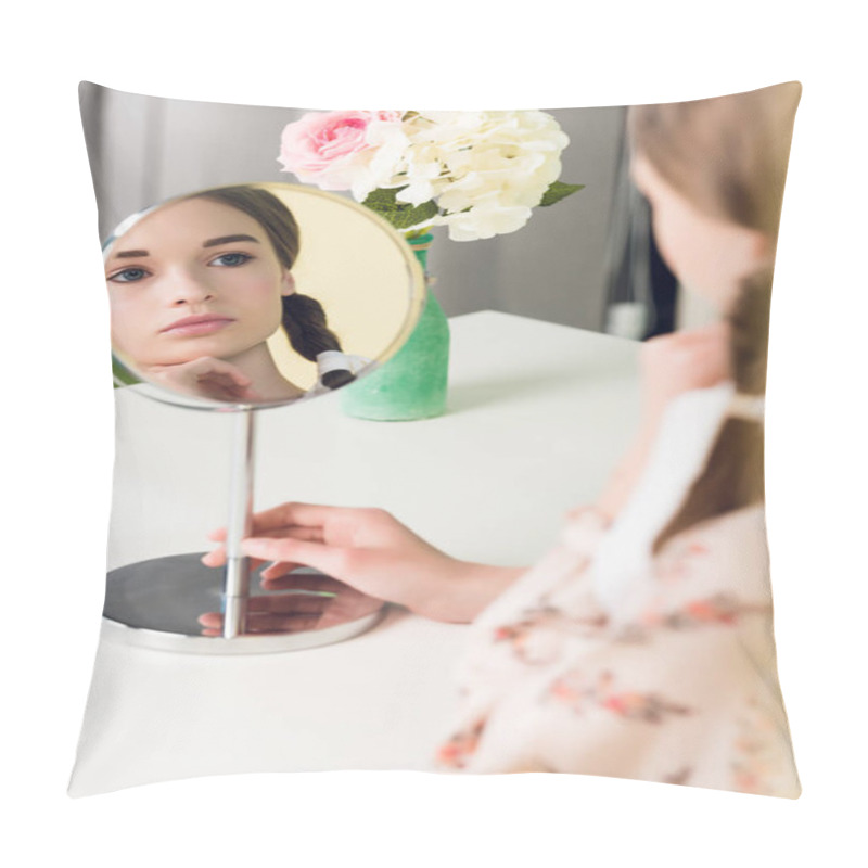 Personality  Selective Focus Of Teen Girl With Braids Sitting At Table And Looking At Mirror  Pillow Covers