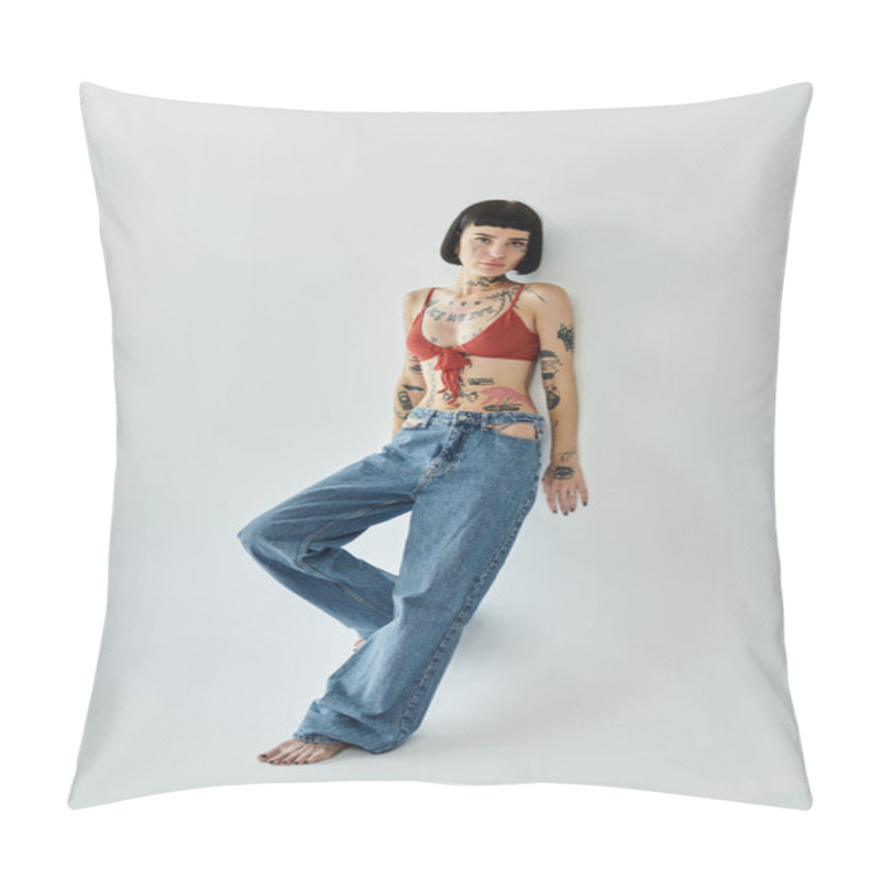 Personality  A Woman Confidently Poses In Trendy Attire, Highlighting Her Tattoos And Fashion Sense. Pillow Covers