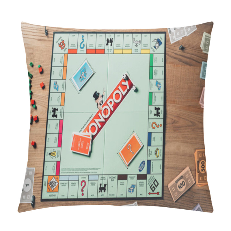 Personality  KYIV, UKRAINE - NOVEMBER 15, 2019: Top View Of Monopoly Game On Wooden Table Pillow Covers