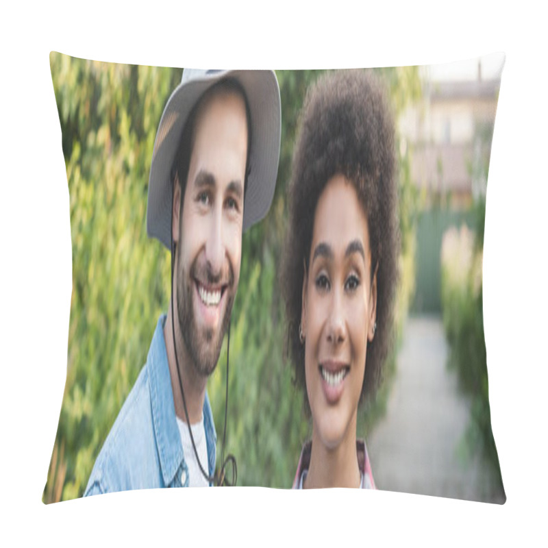 Personality  Cheerful Multiethnic Farmers Smiling At Camera In Blurred Garden, Banner Pillow Covers