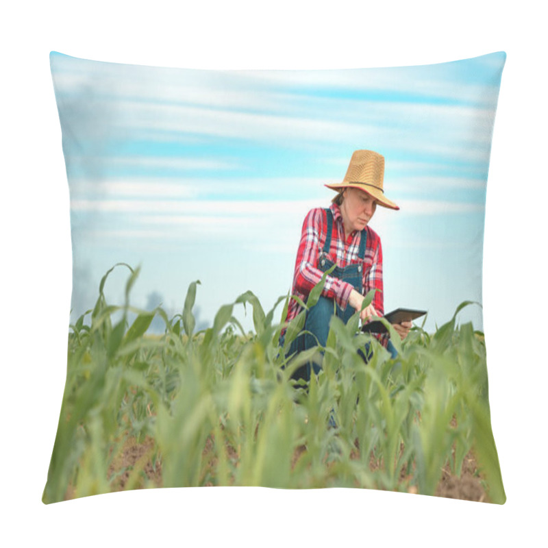 Personality  Concerned Female Farmer With Digital Tablet In Corn Field Looking At Black Smoke On Horizon, Concept Of Insurance In Agriculture And Farming Pillow Covers