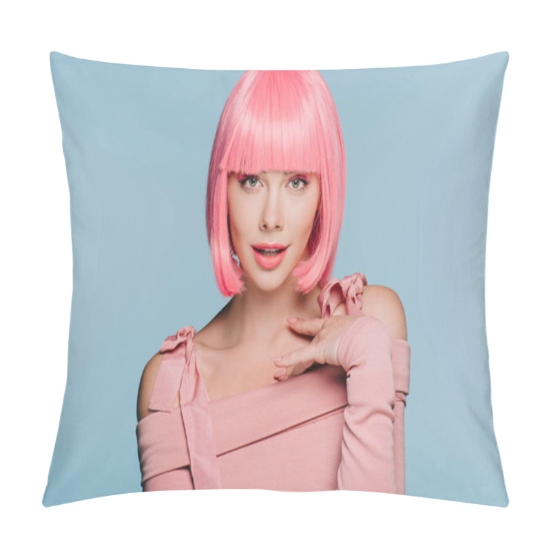 Personality  Stylish Girl Gesturing And Posing In Pink Wig Isolated On Blue Pillow Covers