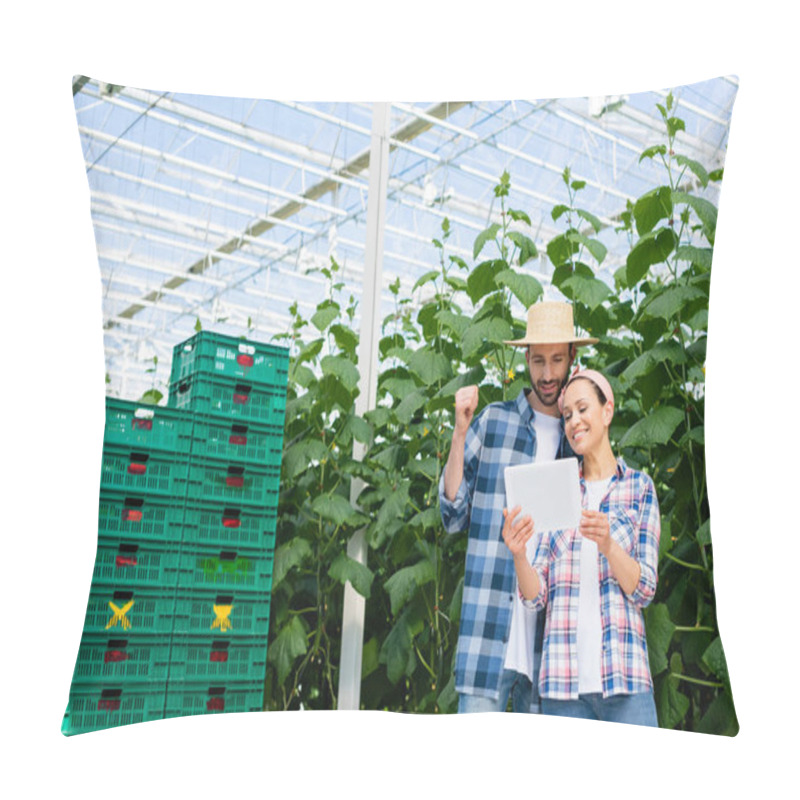 Personality  Happy Multiethnic Farmers Looking At Digital Tablet Near Plants And Plastic Boxes In Glasshouse Pillow Covers