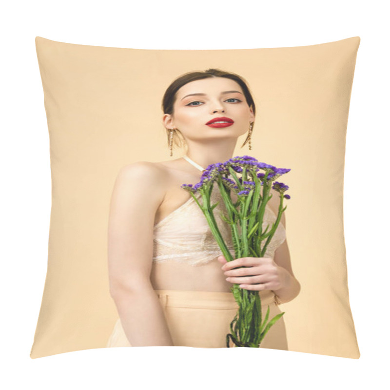 Personality  Young And Attractive Woman Holding Limonium Flowers Isolated On Beige  Pillow Covers