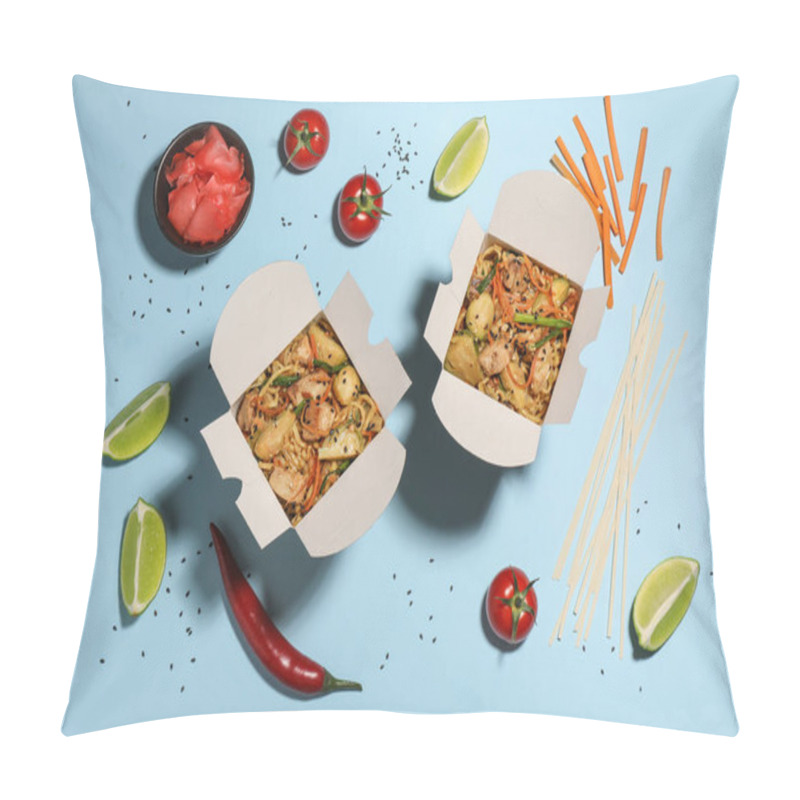 Personality  Flat Lay Composition With Noodle Wok And Ingredients On Light Blue Background Pillow Covers