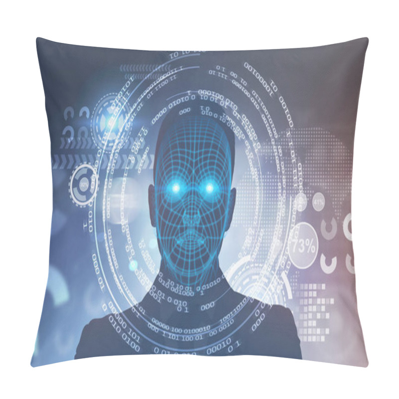 Personality  Face Of An Unrecognizable Man With Polygons On It. HUD Against A Blurred Background. Toned Image Double Exposure Elements Of This Image Furnished By NASA Pillow Covers