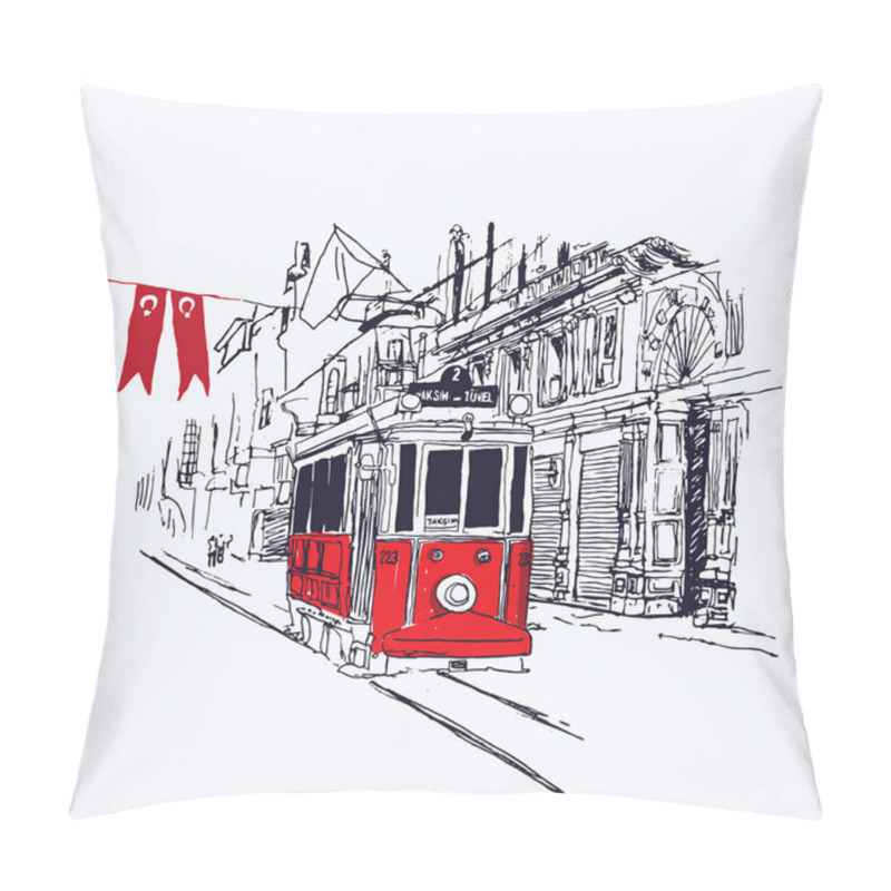 Personality  Digital Vector Illustration Of The Nostalgic Red Tram In Istiklal Avenue, Istanbul, Turkey. Artistic Sketchy Style Cityscape Scene. Pillow Covers