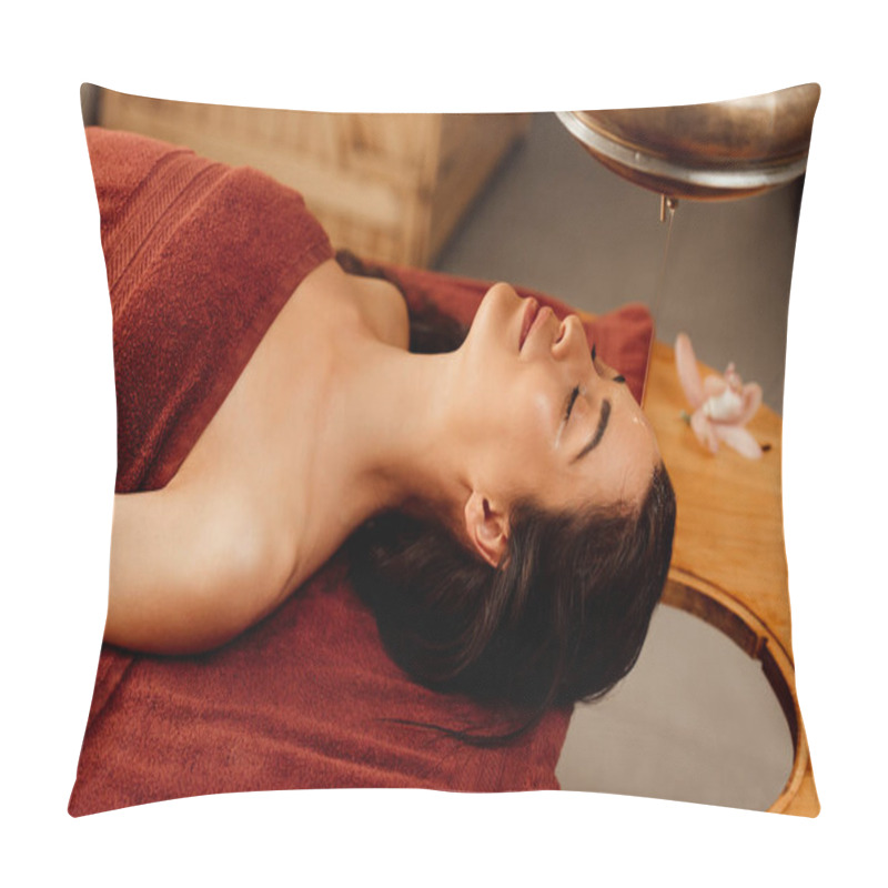 Personality  Relaxed Young Woman Lying Under Shirodhara Vessel During Ayurvedic Procedure Pillow Covers