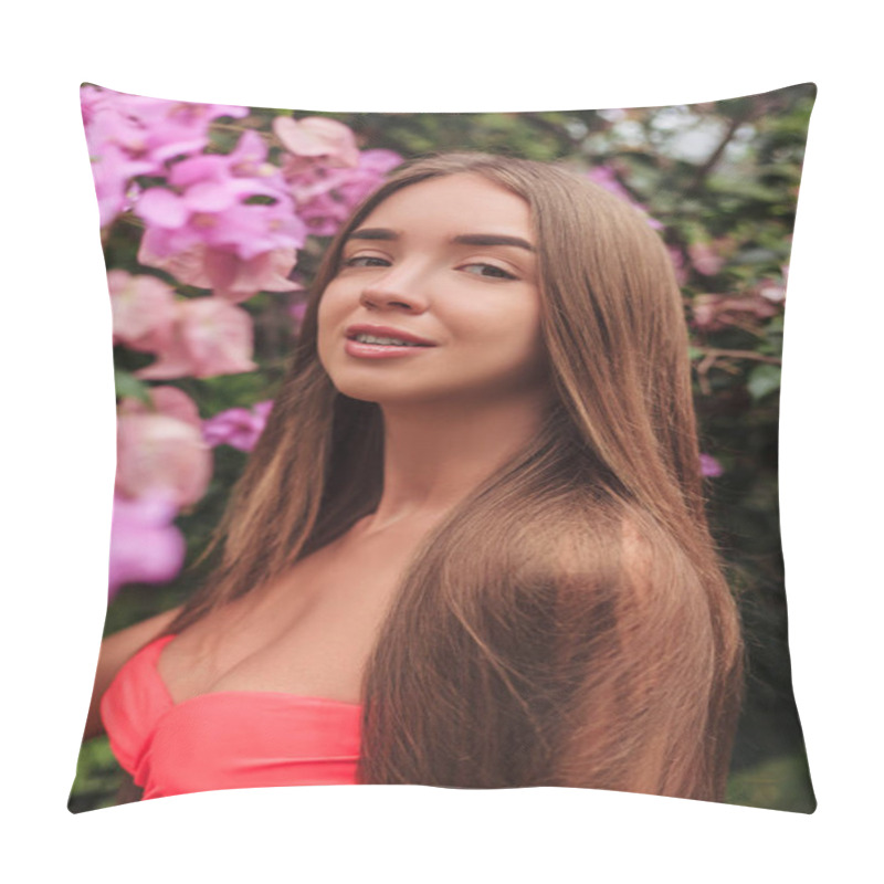 Personality  Portrait Of Beautiful Young Girl Posing At Pink Flowers Pillow Covers