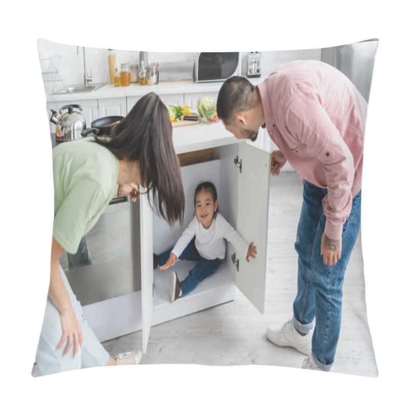 Personality  Happy Toddler Asian Kid Hiding In Kitchen Cabinet Near Parents Pillow Covers