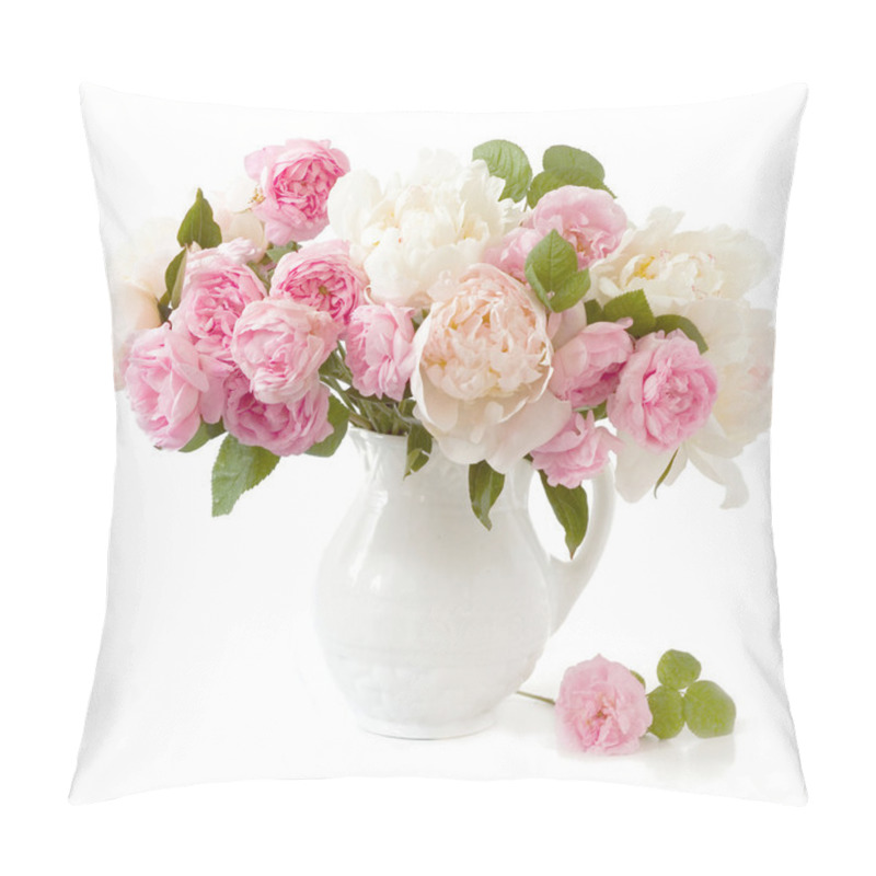 Personality  Rich Bunch Of Peonies And Tea Roses In Vase Isolated On White Pillow Covers