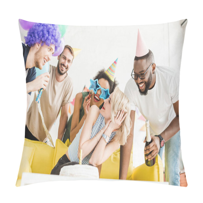 Personality  Cheerful Friends Greeting Blonde Woman With Birthday Cake Pillow Covers