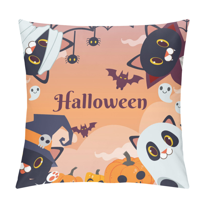 Personality  The Halloween Party For Friend Group Of Black Cat Wear Fantasy Costume. The Black Cat As Witch And Big Hat With Skull. And As White Ghost And As Vampire.The Cat As Mummy. In Flat Vector Style Pillow Covers