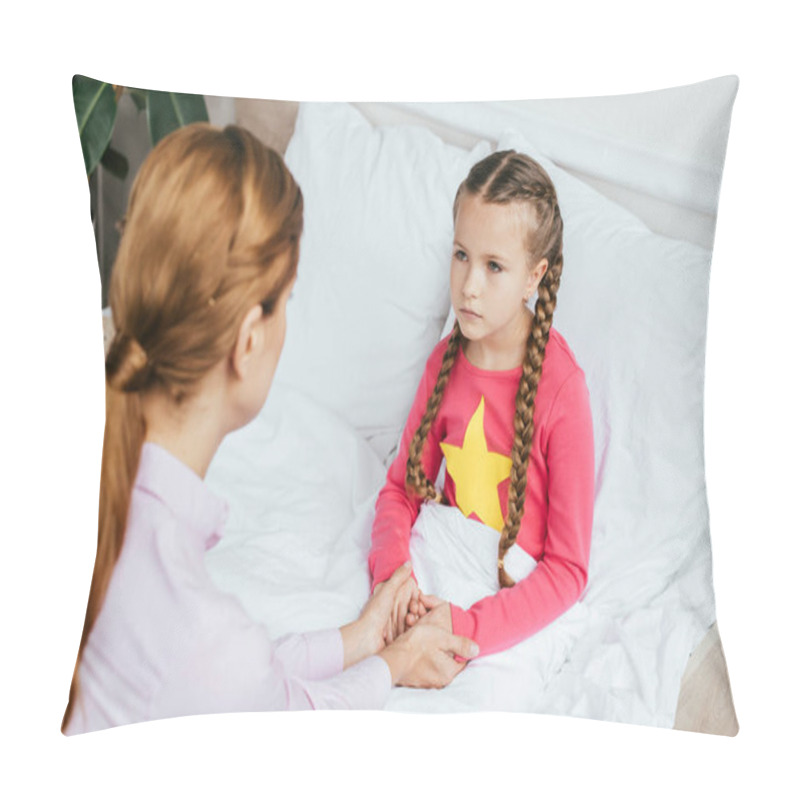 Personality  Mother Holding Hands With Upset Sick Daughter In Bed  Pillow Covers