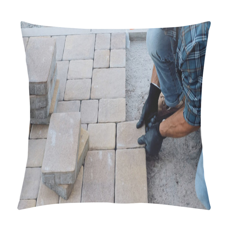 Personality  Cropped View Of Man Working With Paving Stones On Construction Site Pillow Covers