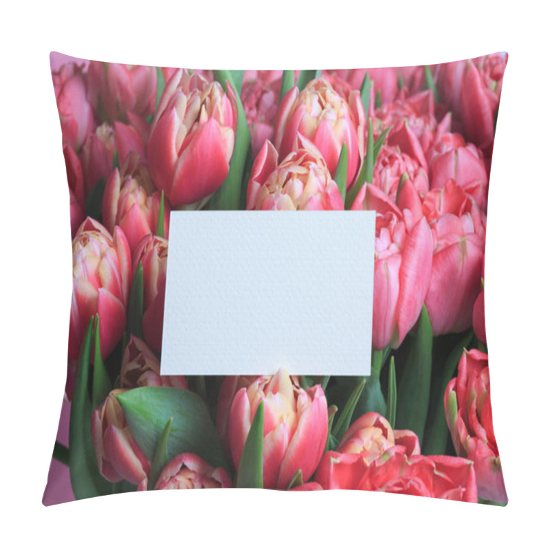 Personality  Blank Greeting Card On Pink Tulips Floral Wallpaper Background. Pillow Covers