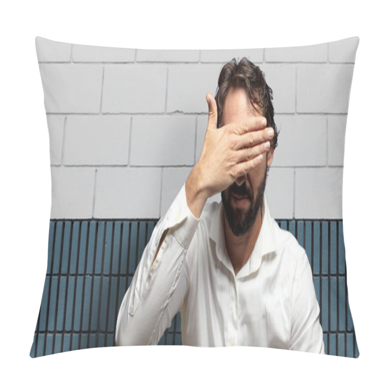 Personality  Covering Eyes With One Hand Feeling Scared Or Anxious, Wondering Or Blindly Waiting For A Surprise Pillow Covers